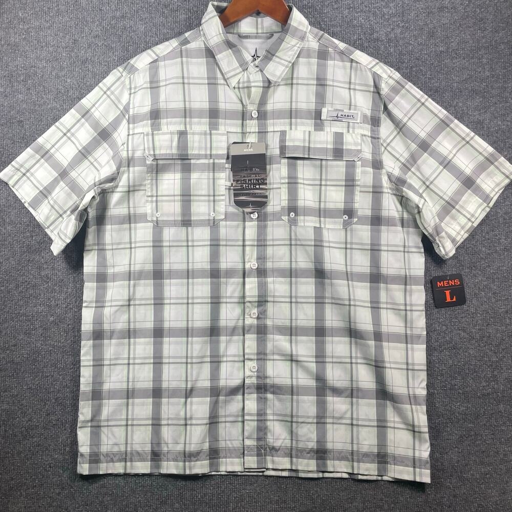 Habit NWT Button Down Fishing Shirt Men's Large Gray/Green Plaid UPF 40+